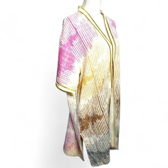 Soft Surroundings Kimono Cardigan Metallic Gold Stripe Open Front Loungewear OS - Picture 2 of 6